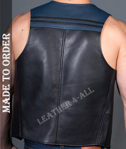 Men's Real Cowhide Leather Bartender Vest Contrast Panels Bartender Vest