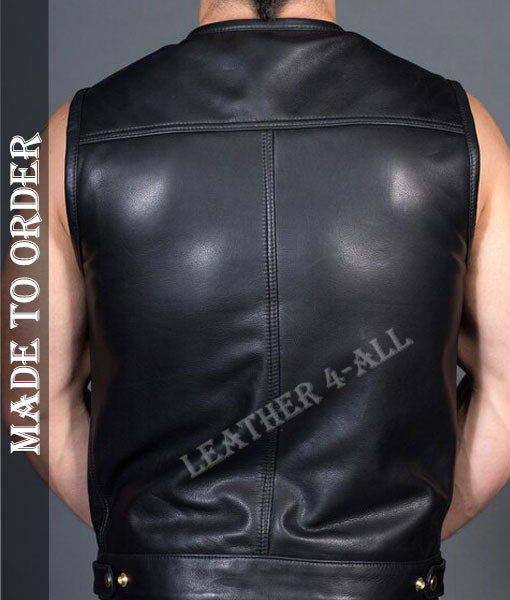 Men's Genuine Natural Grain Cowhide Leather Motor Bikers Leather Shirt / Vest Round Neck And Sleeveless