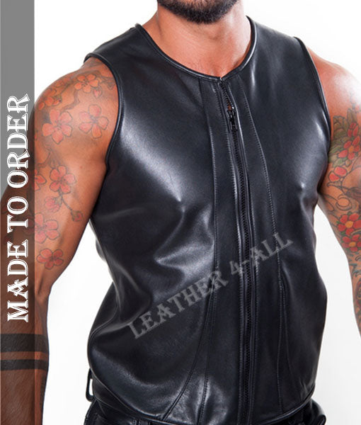Men Real Cow Leather Motor Biker's Thick Leather Vest In Unique Design Front And Back