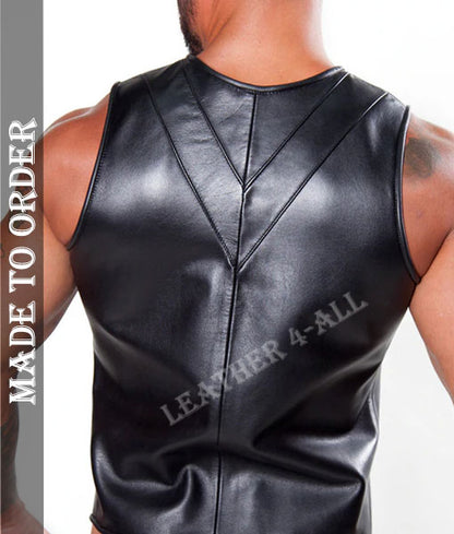 Men Real Cow Leather Motor Biker's Thick Leather Vest In Unique Design Front And Back