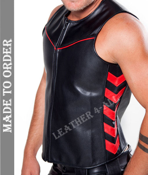 Men Real Cow Leather Motor Biker's Thick Leather Vest In Unique Design Side Arrow Design And Front Piping