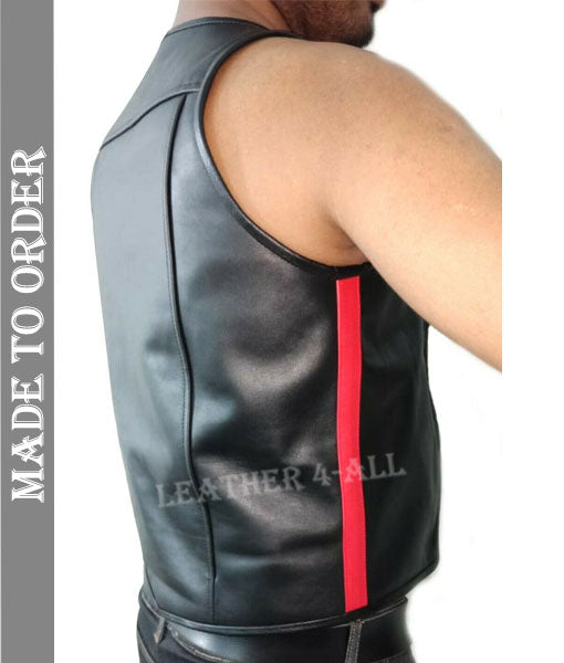 Men's Real Cowhide Leather Bartender Vest With Red Side Stripes