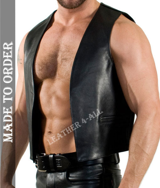 Men's Cowhide Black Leather Bartender Vest Quilted Back Panels Biker's Vest