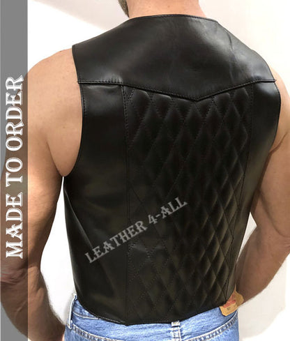 Men's Real Leather Bartender Vest Front Open Quilted Back Bartender Vest