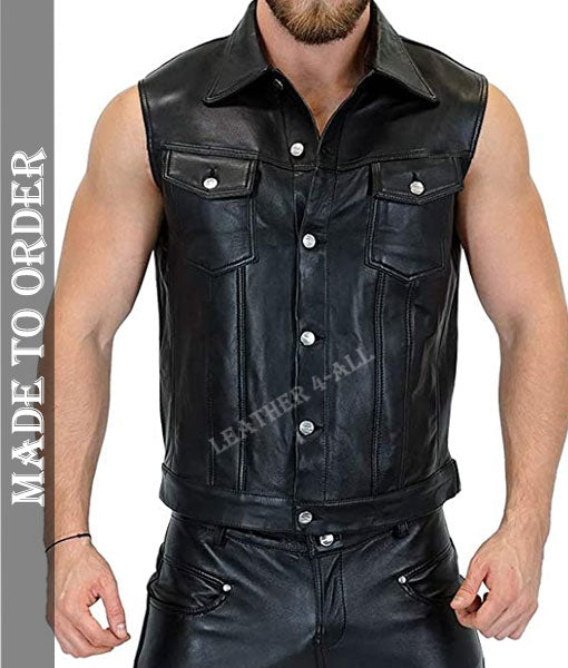 Men's Genuine Cowhide Natural Grain Soft Leather Biker's Vest Sleeveless Biker Jacket