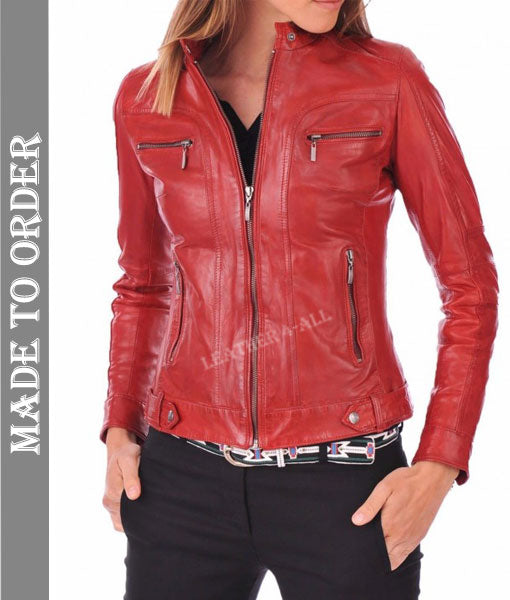 Women's Genuine Lamb Nappa Leather Quilted Panels Biker's Jacket In Red Color