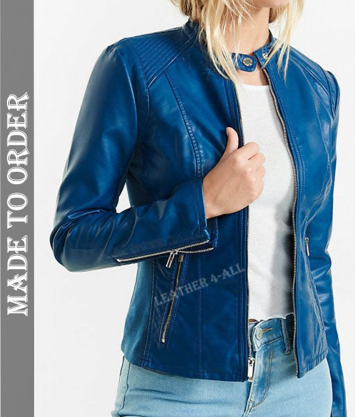 Women's Genuine Lamb Nappa Leather Quilted Panels Biker's Jacket In Royal Blue Color