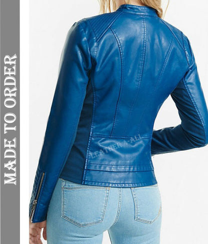 Women's Genuine Lamb Nappa Leather Quilted Panels Biker's Jacket In Royal Blue Color