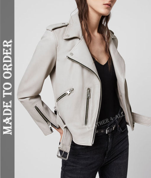 Women's Real Leather Biker Style Cross Zip Jacket Pure White Leather