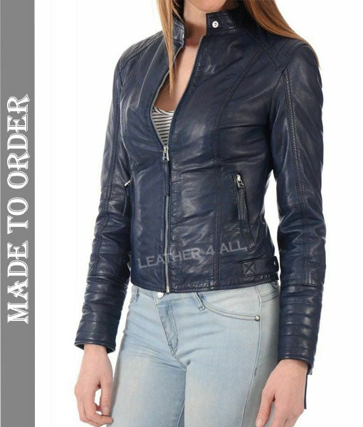 Women's Real Vintage Lamb Leather Quilted Panels Biker's Jacket In Blue Color
