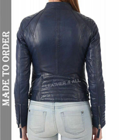 Women's Real Vintage Lamb Leather Quilted Panels Biker's Jacket In Blue Color