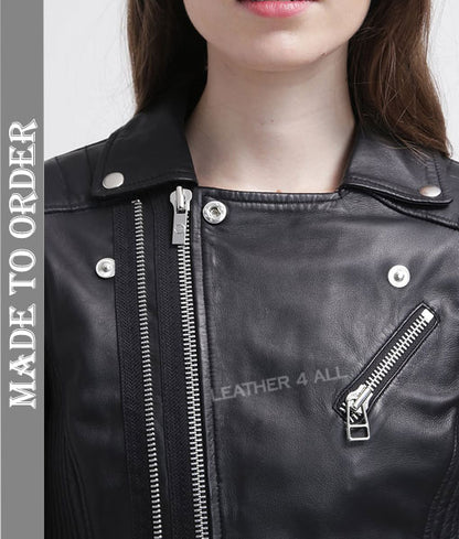 Women's Real Lamb Leather Bikers Jacket Quilted Panels Bikers Leather Jacket