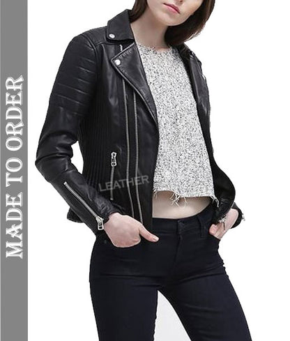 Women's Real Lamb Leather Bikers Jacket Quilted Panels Bikers Leather Jacket