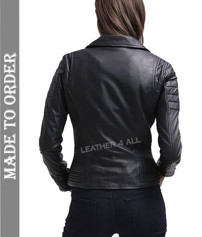 Women's Real Lamb Leather Bikers Jacket Quilted Panels Bikers Leather Jacket