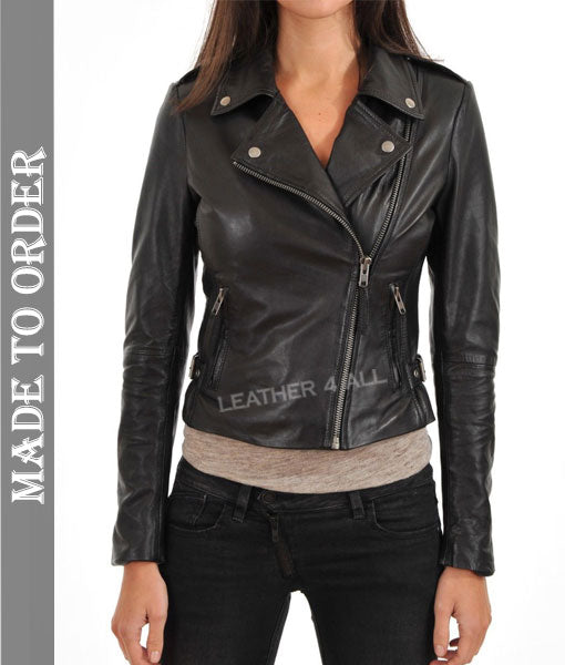 Women's Real Leather Biker Style Cross Zip Jacket Jade Black