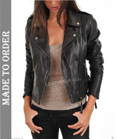 Women's Real Lamb Leather Bikers Jacket Brando Jacket In Black