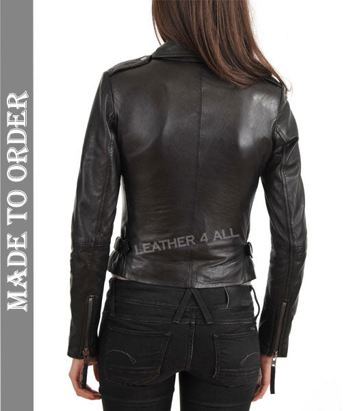 Women's Real Lamb Leather Bikers Jacket Brando Jacket In Black