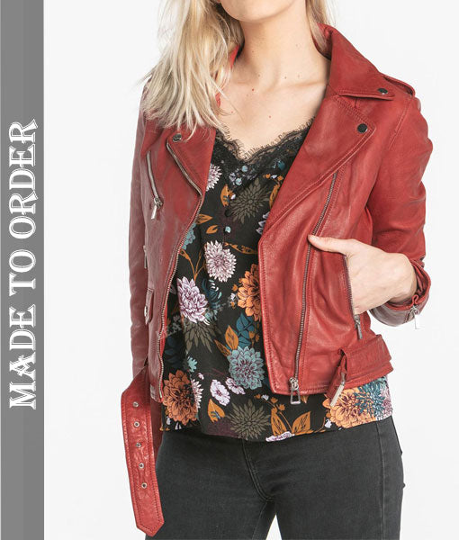 Women's Real Lamb Leather Motor Bikers Jacket Brando Bikers Jacket In Red Color