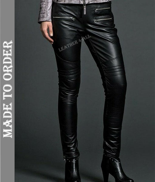 Women's Real Lamb Leather Slim Fit Quilted Panels Pants