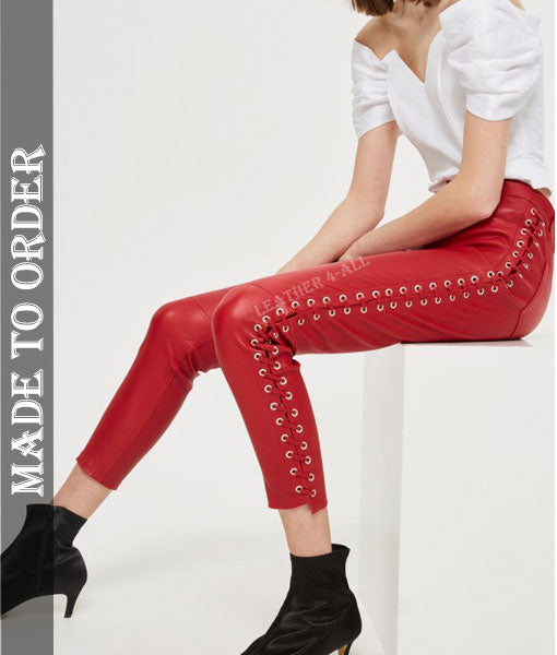 Women's Real Leather Laces Up Slim Fit Side Laces Up Pants In Red Color