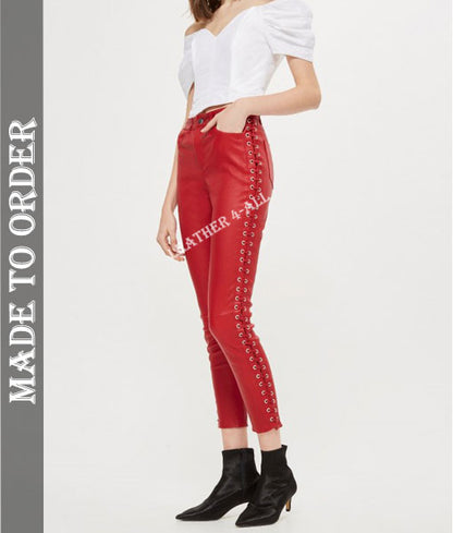 Women's Real Leather Laces Up Slim Fit Side Laces Up Pants In Red Color