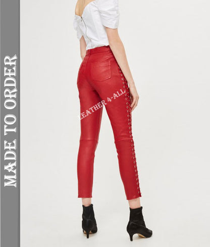 Women's Real Leather Laces Up Slim Fit Side Laces Up Pants In Red Color