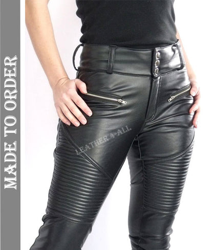 Women Real Lamb Leather Slim Fit Pants Slim Leather Pants With Stitching Detail