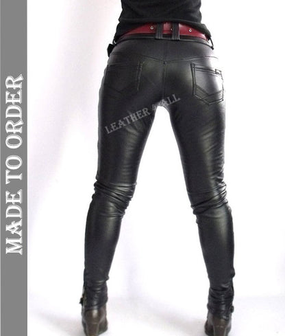 Women Real Lamb Leather Slim Fit Pants Slim Leather Pants With Stitching Detail