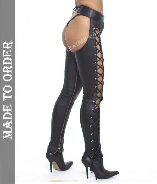 Women's Real Cowhide Soft Leather Chaps Side Laces Up Leather Chaps