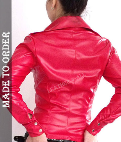 Women Lamb Leather Shirt Long Sleeves Leather Shirt In Red Color