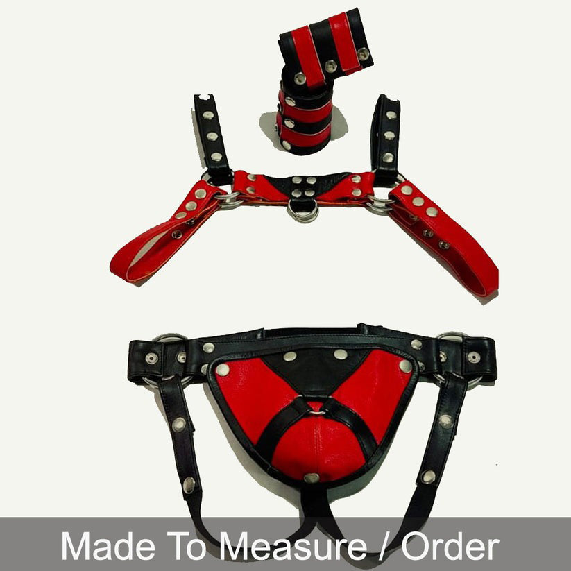 Men’s Leather Chest Harness Jockstrap Wristbands Set Multi Adjustment Fitting Blue/ Red /Yellow & Black