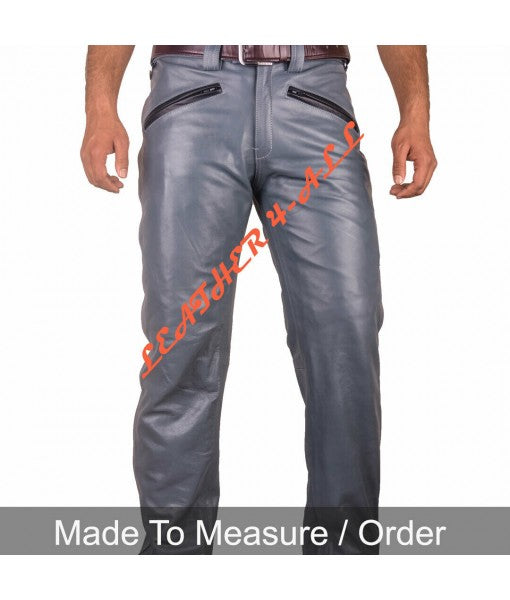 Men's Real Cowhide Leather Bikers Pants Bikers Gray Leather BLUF Bikers Pants