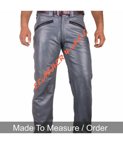 Men's Real Cowhide Leather Bikers Pants Bikers Gray Leather BLUF Bikers Pants