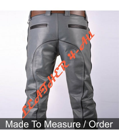 Men's Real Cowhide Leather Bikers Pants Bikers Gray Leather BLUF Bikers Pants