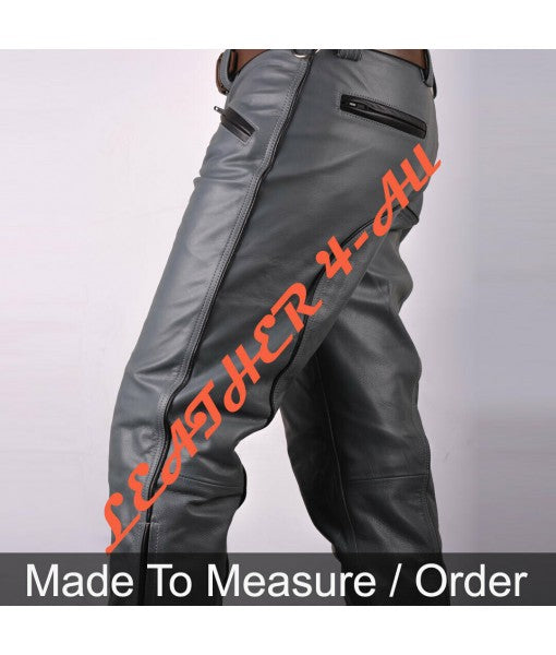 Men's Real Cowhide Leather Bikers Pants Bikers Gray Leather BLUF Bikers Pants