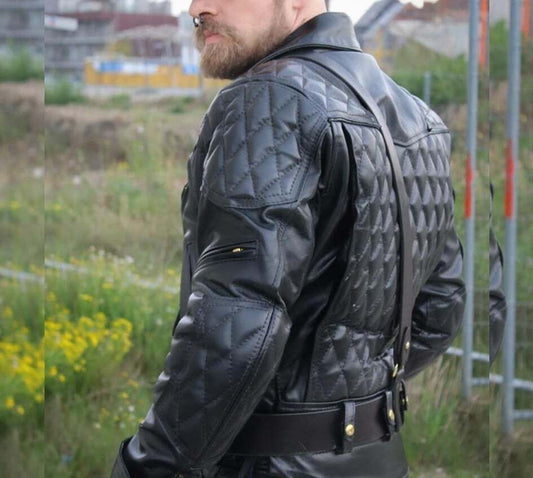 Men's Real Cowhide Leather Quilted Panel & Quilted Back Bikers Jacket BLUF Jacket: