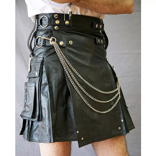 Men's Real Leather Cargo Pocket & Detachable Chain Kilt Utility Clubwear Kilt