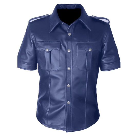 Men's Real Lamb Leather Police Style Shirt Short Sleeves Blue Leather Shirt:
