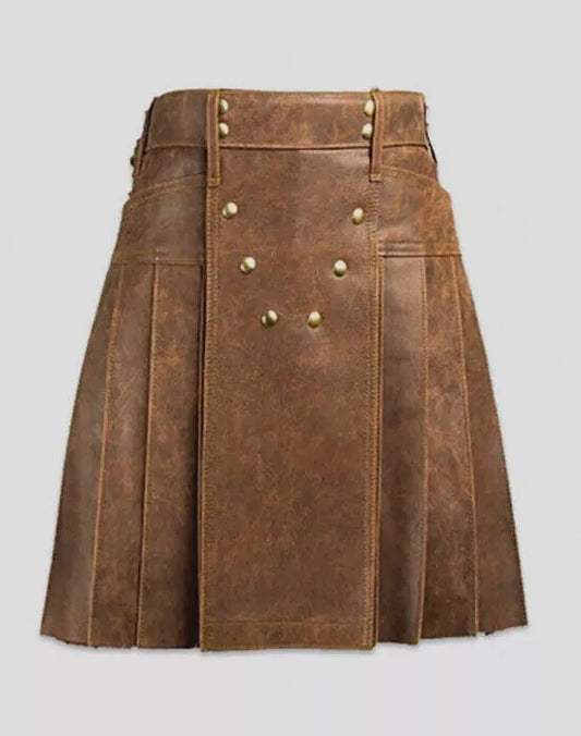 Men's Real Vintage Leather Clubwear Pleated Utilty Kilt | Side Laces & Pocket