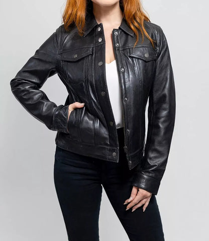 Women's Real Lamb Leather Classical Trucker Jacket