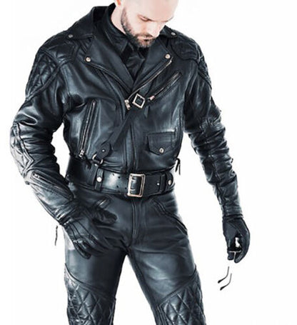 Men's Real Cowhide Leather Quilted Panel & Quilted Back Bikers Jacket BLUF Jacket: