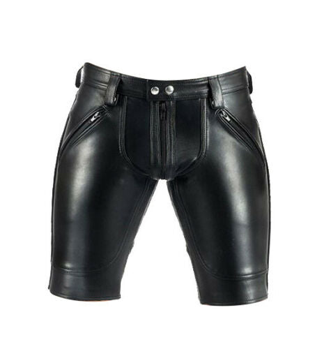 MEN'S REAL COWHIDE LEATHER SHORTS DOUBLE FRONT & BACK ZIPS SHORTS WITH OR W/OUT BACK ZIP: