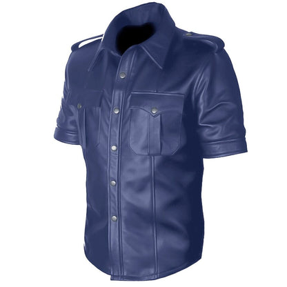 Men's Real Lamb Leather Police Style Shirt Short Sleeves Blue Leather Shirt: