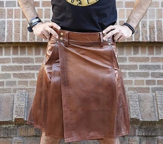 Men's Vintage Leather Pleated Utility Kilt with Pockets