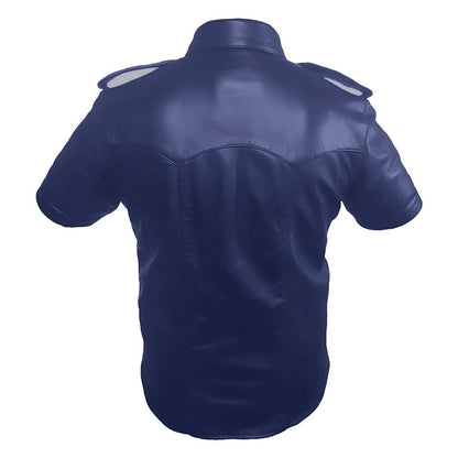 Men's Real Lamb Leather Police Style Shirt Short Sleeves Blue Leather Shirt: