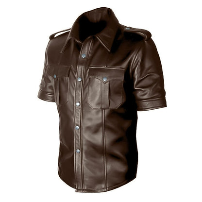 Men's Real Lamb Leather Police Uniform Shirt Sexy Short Sleeve Brown Leather Shirt