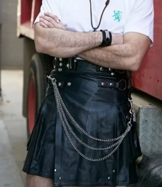 Men's Leather Cargo Kilt with Detachable Chain