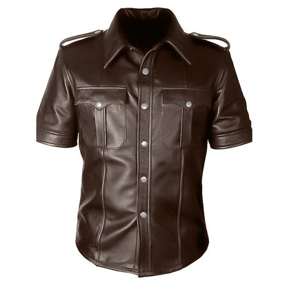 Men's Real Lamb Leather Police Uniform Shirt Sexy Short Sleeve Brown Leather Shirt