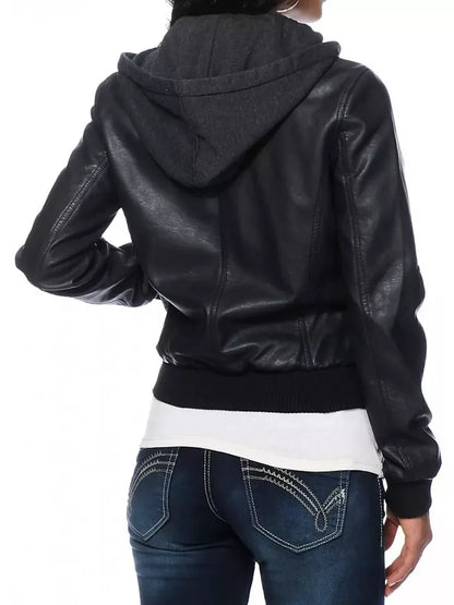 Women's Real Lamb Leather Bomber Slim Fit Jacket With Hood