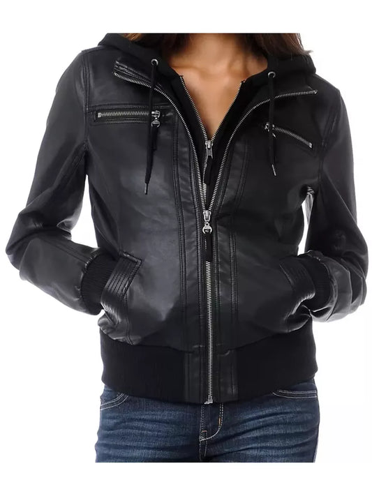 Women's Real Lamb Leather Bomber Slim Fit Lamb Jacket With Removable Hood